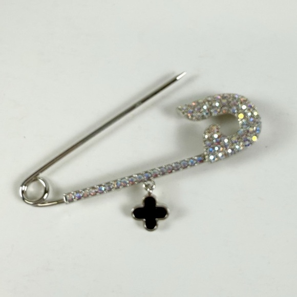 Fashion Jewelry Rhinestone Pin Brooch Silver Tone Black Flower Dangle - Picture 4 of 5